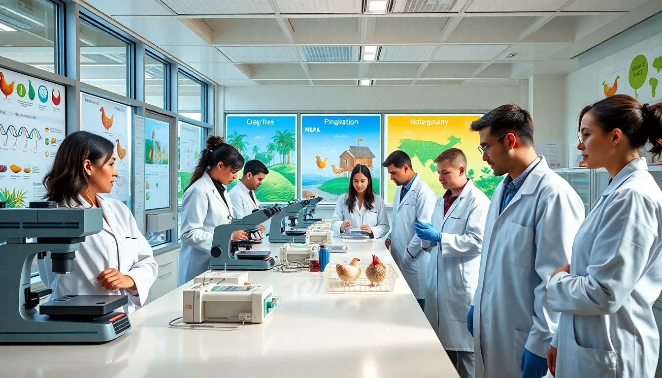 scientists researching avian biotechnology in a modern lab.