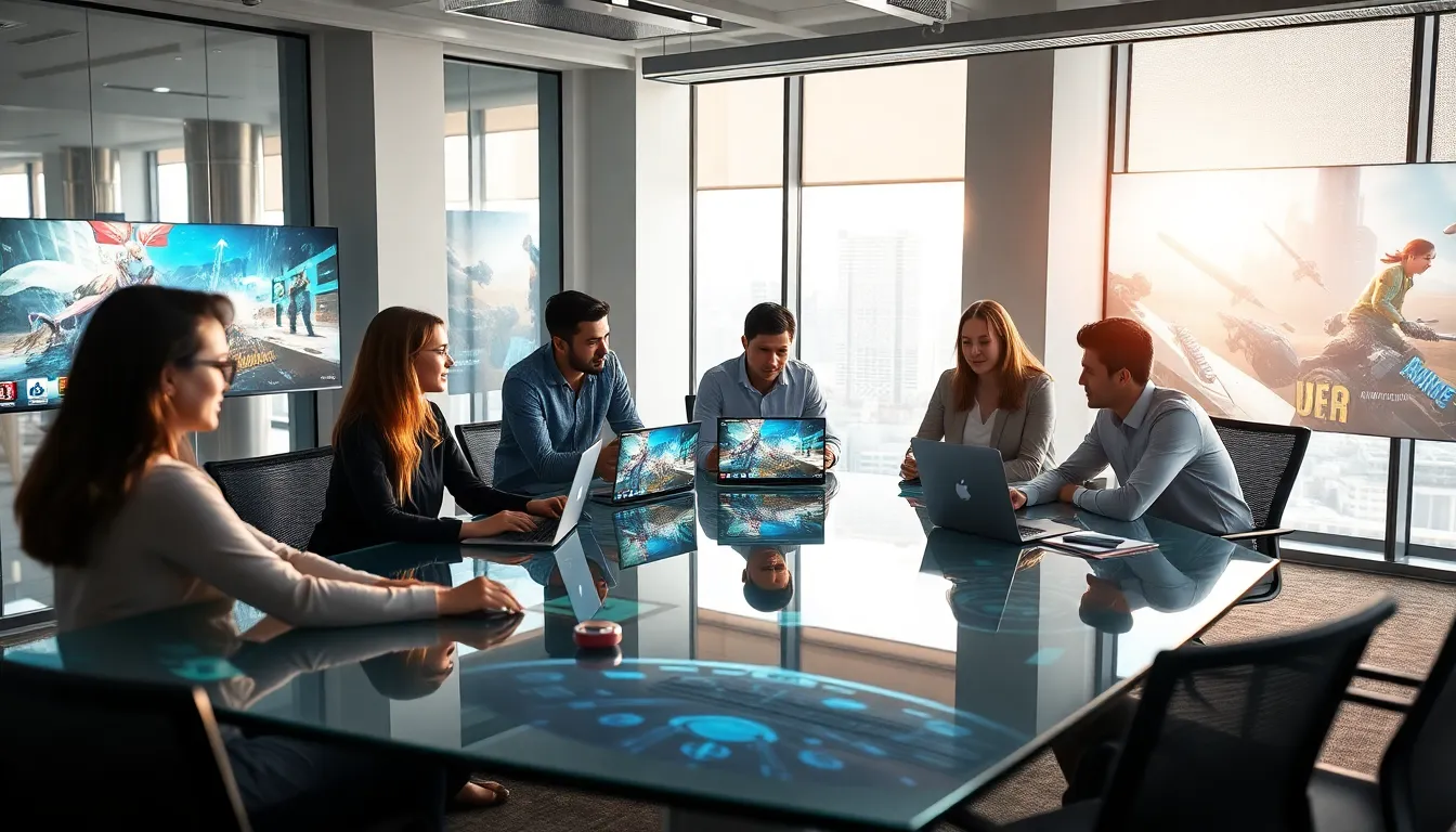 diverse team collaborating in a modern game development office.