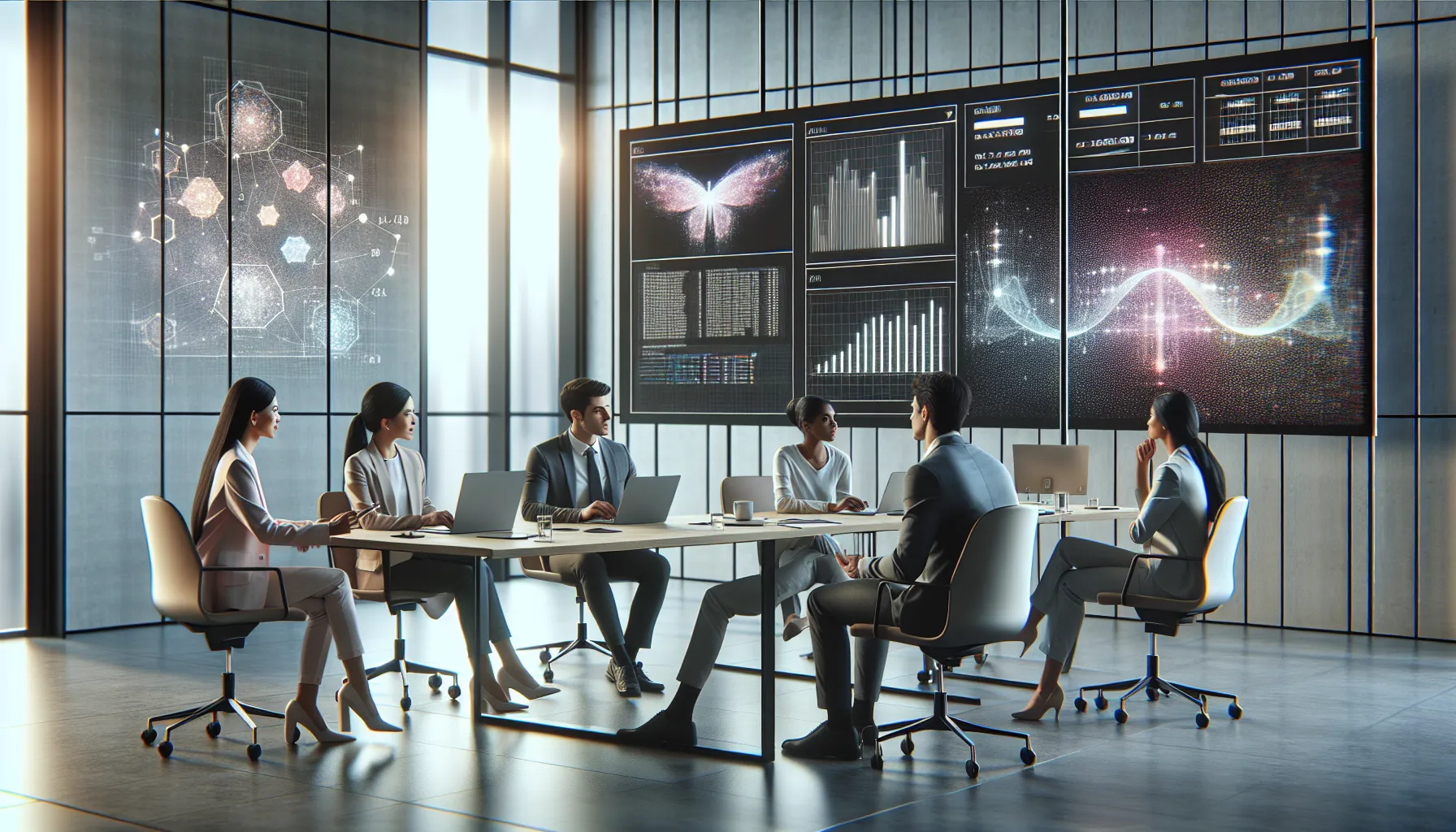 diverse professionals analyzing data in a modern office setting.