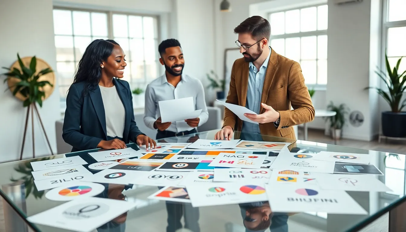 professionals collaborating on interior design logo ideas in a modern workspace.