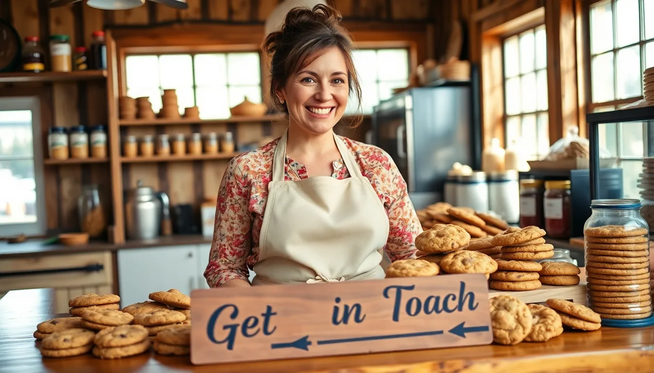 A baker smiles while arranging fresh cookies in a cozy bakery.