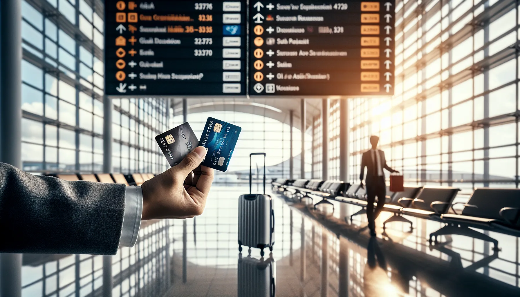 A person's hand holding Visa and MasterCard cards in an airport setting.