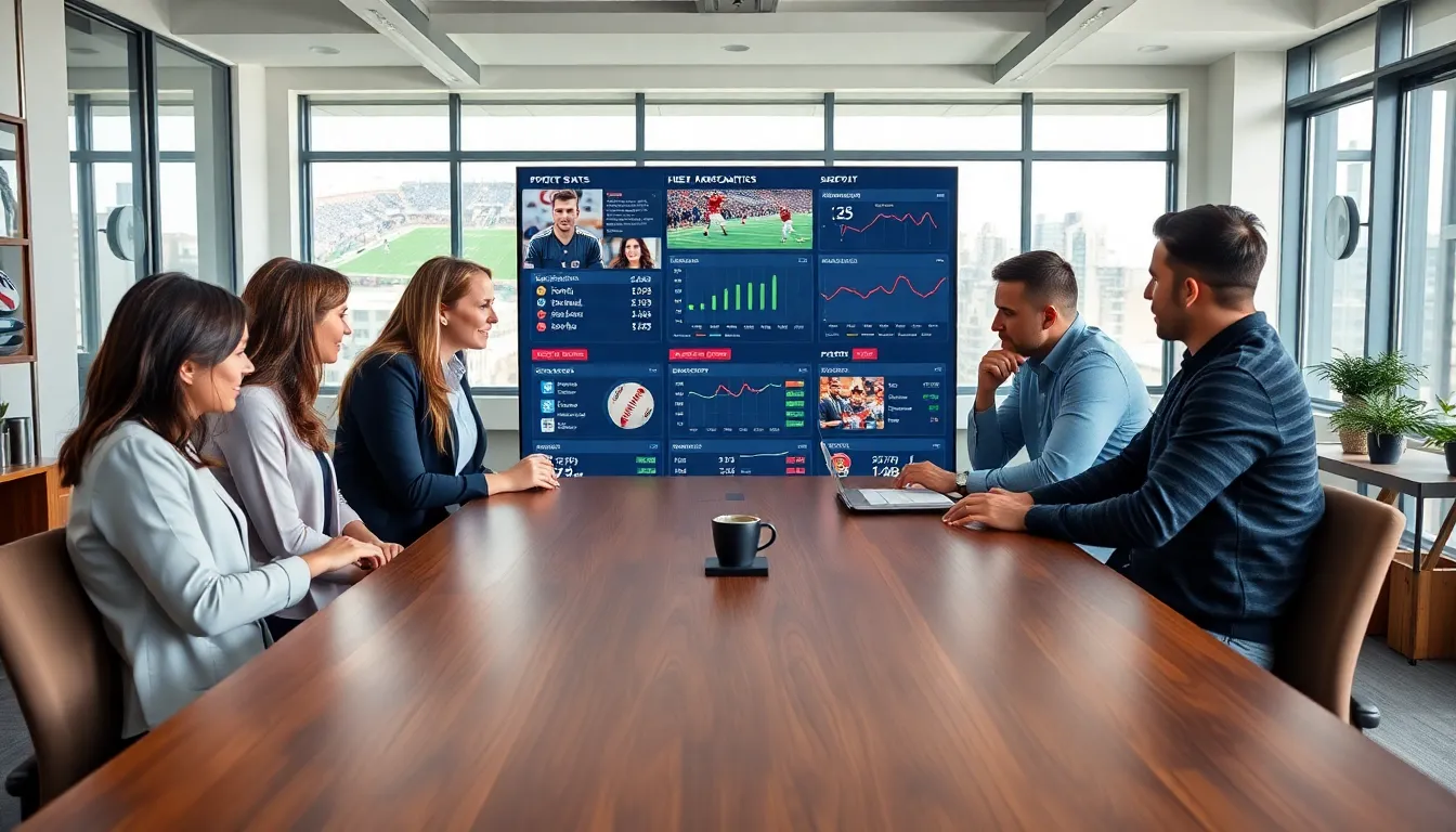 diverse professionals discussing sports analytics in a modern office.