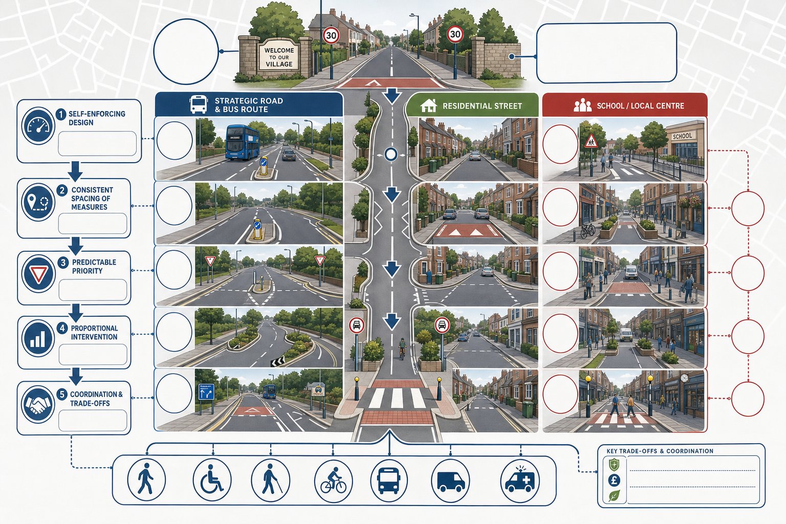 Infographic of UK traffic calming design principles across different street types.