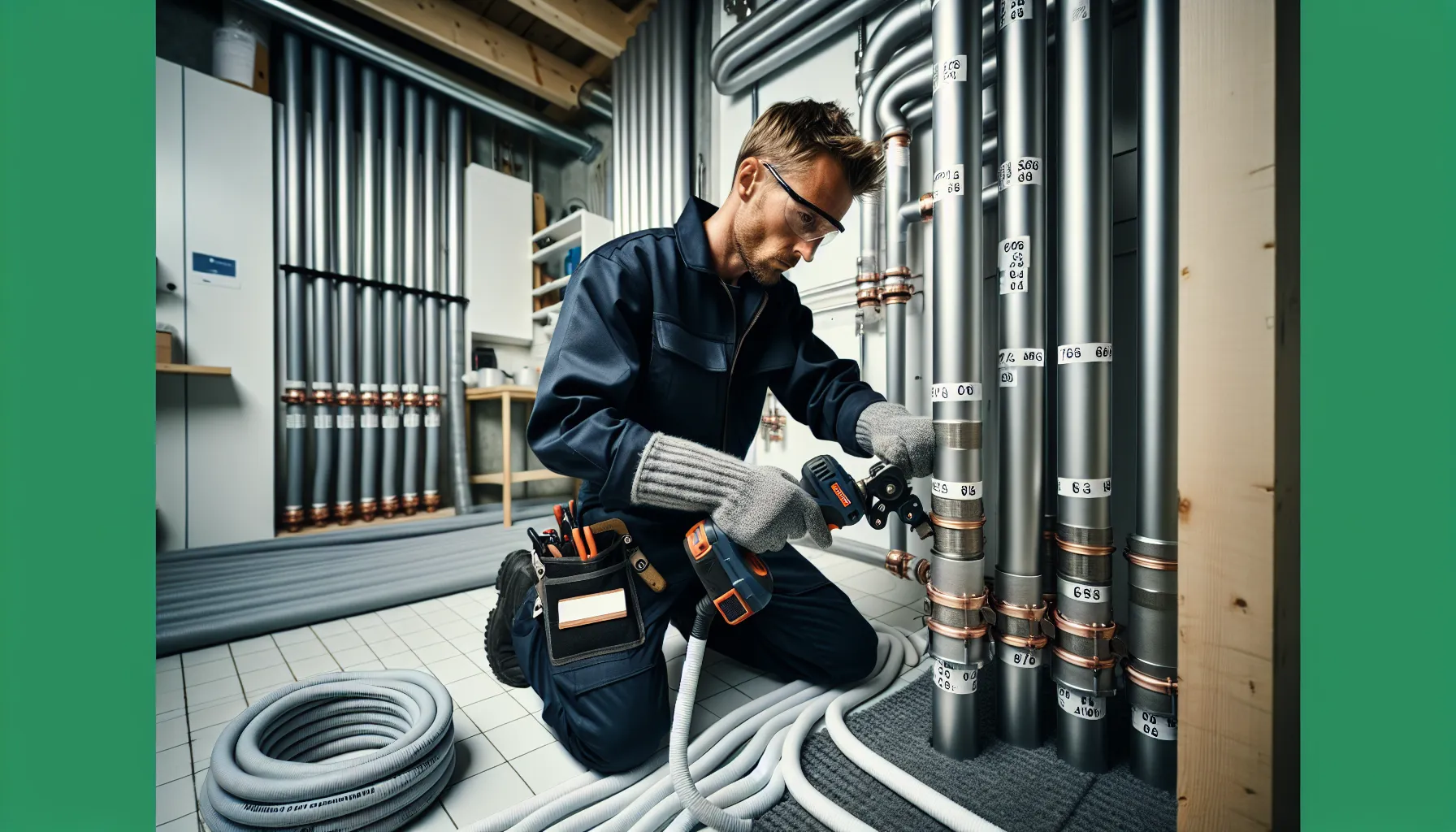 Norwegian installer presses stainless fitting beside copper and pex in a clean technical room.