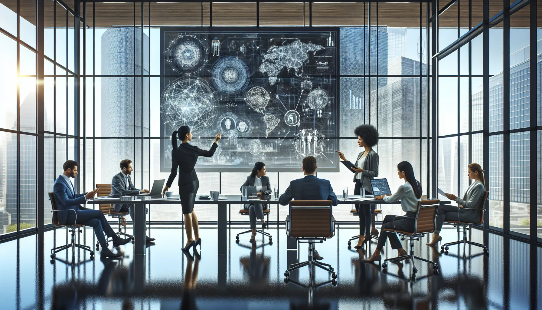 diverse team discussing innovation in a modern office.