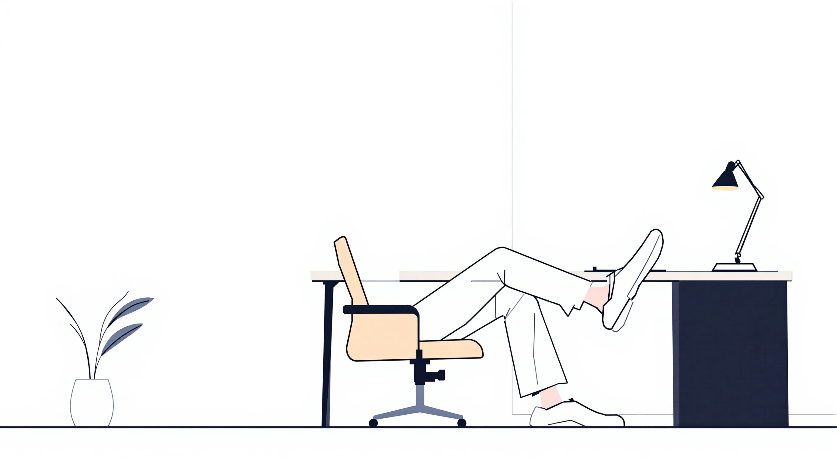 A relaxed figure sitting at a desk with feet up, minimal flat illustration.