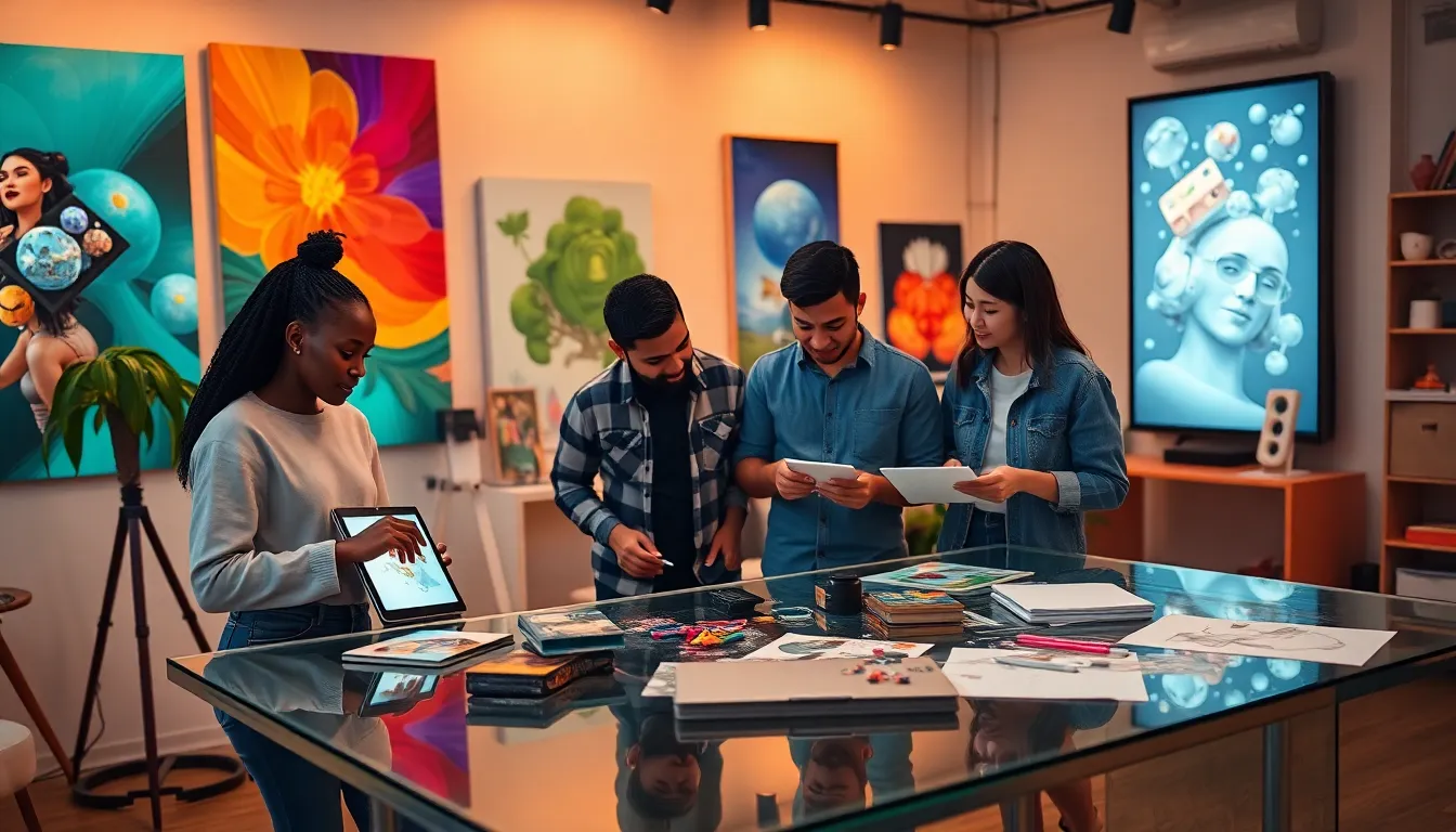 diverse team creating unique artworks in a modern studio.