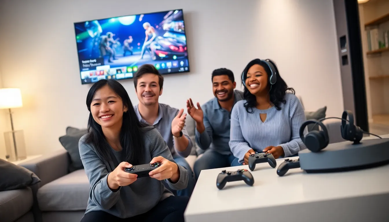 diverse group of gamers enjoying Xbox in a modern living room.