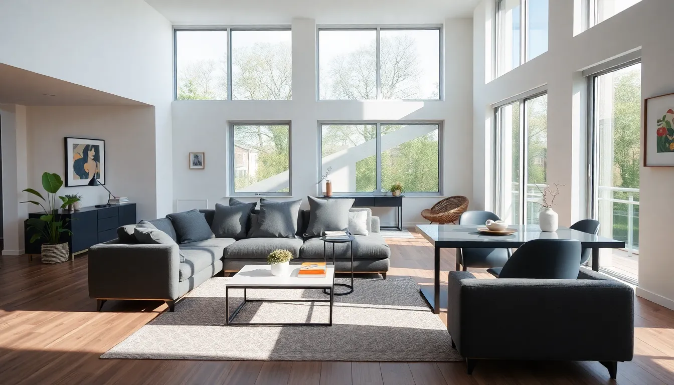 modern living room with multifunctional furniture elements.