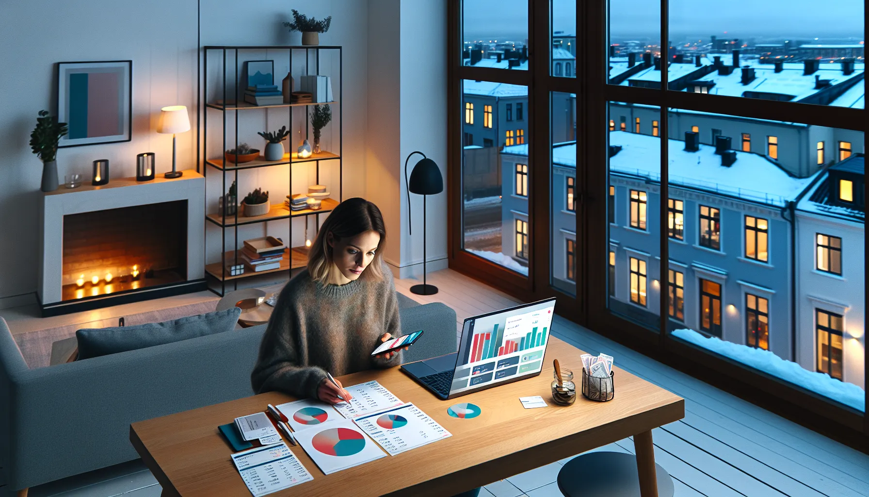 Norwegian woman reviews ai-driven budgeting app with spending graphs at home table.