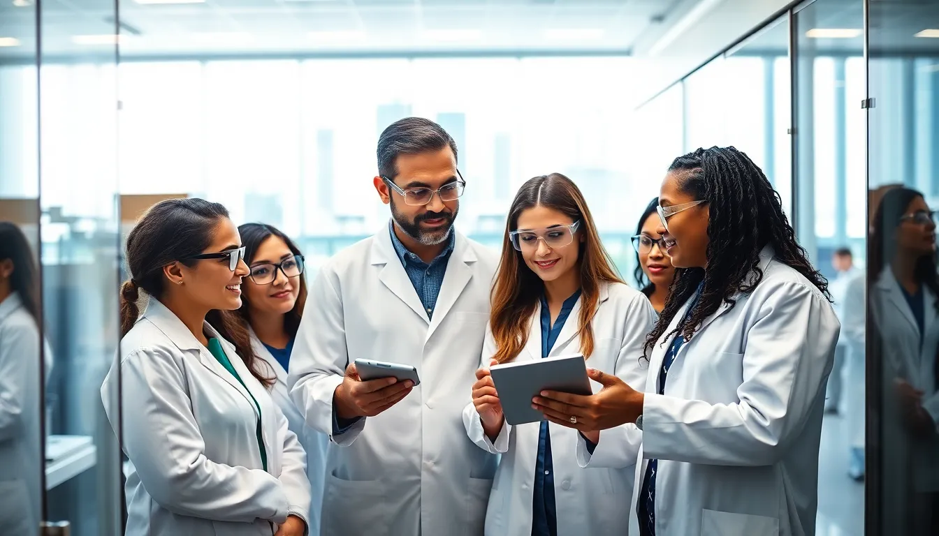 diverse team collaborating in a modern biotech lab in San Diego.