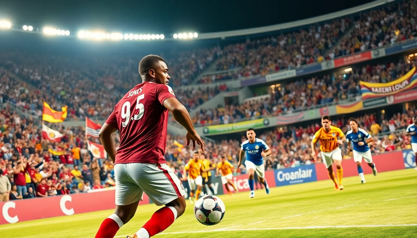 A football match with diverse players in action under stadium lights.