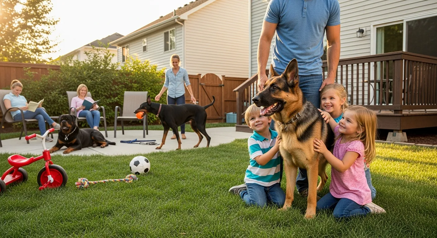 Family-friendly guard dogs watch over children playing in a sunny suburban backyard.