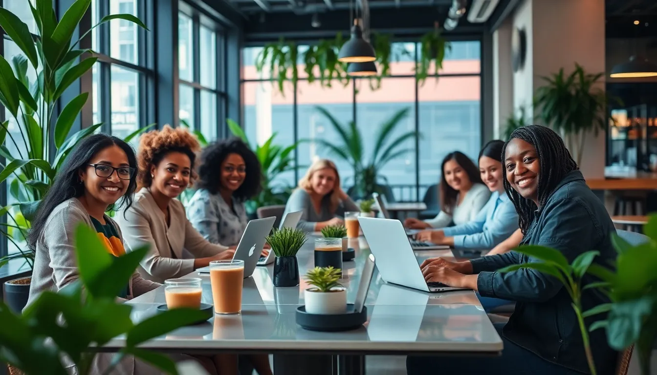 A diverse group working in a modern café, representing a digital nomad hub.