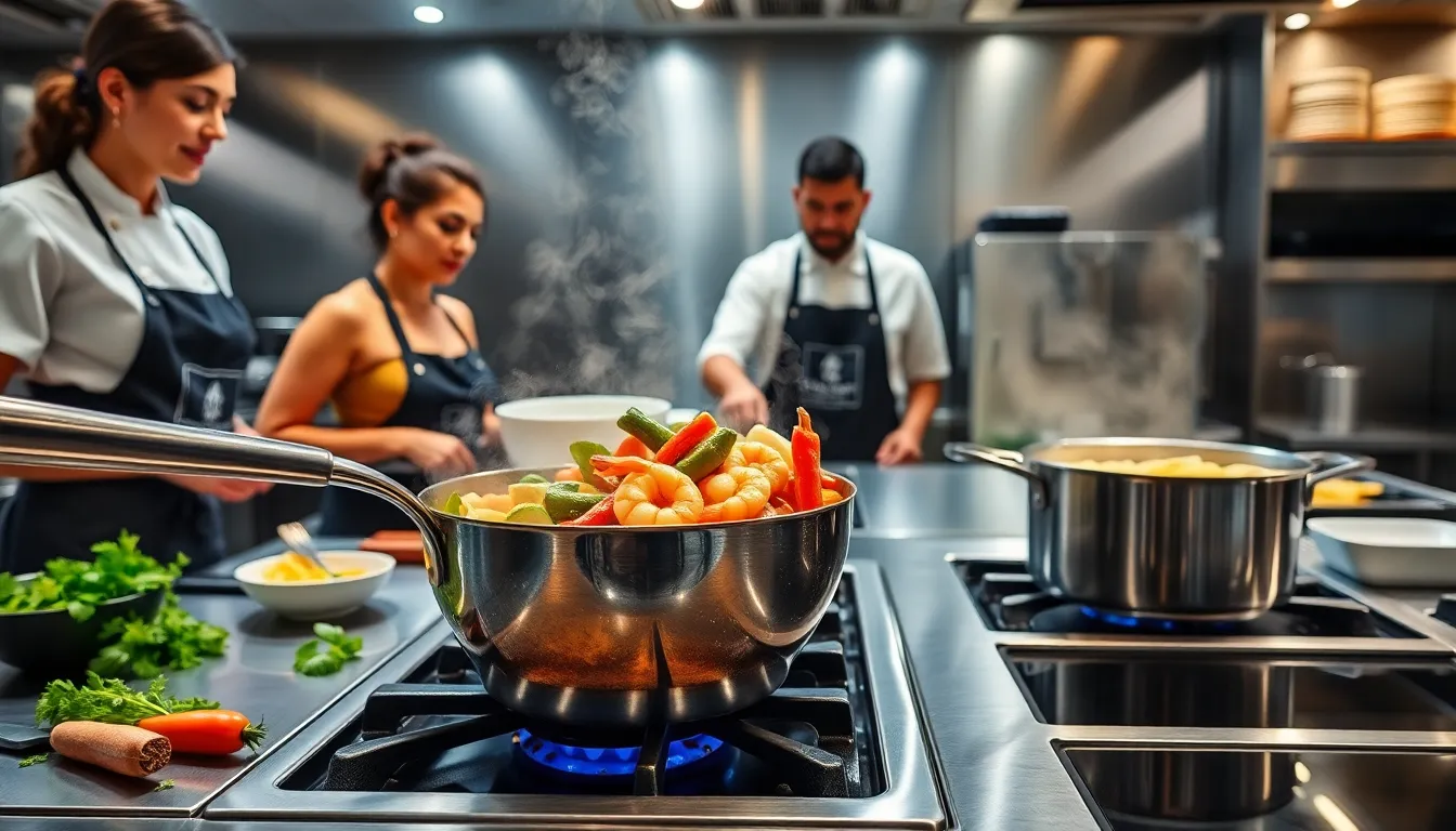 chefs demonstrating Italian cooking techniques in a modern kitchen.