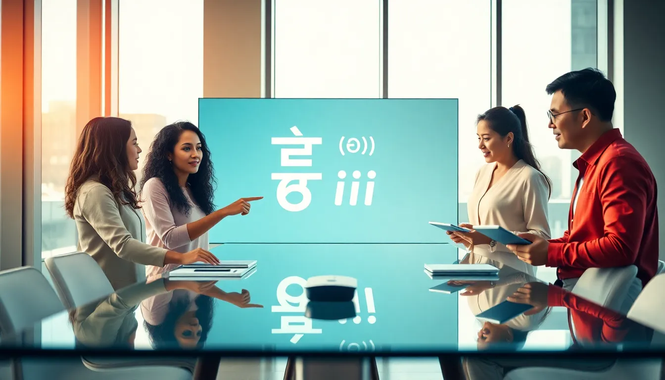 diverse team collaborating in a modern office on language concepts.