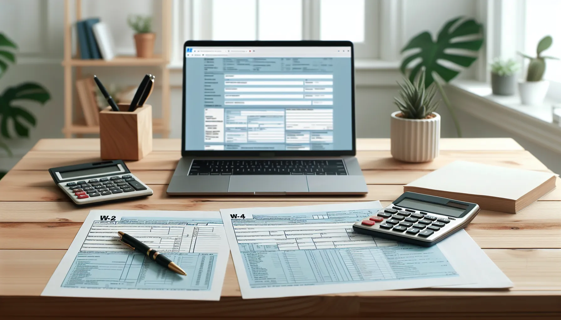 A W-2 and W-4 tax forms laid on a desk with a pen and calculator.