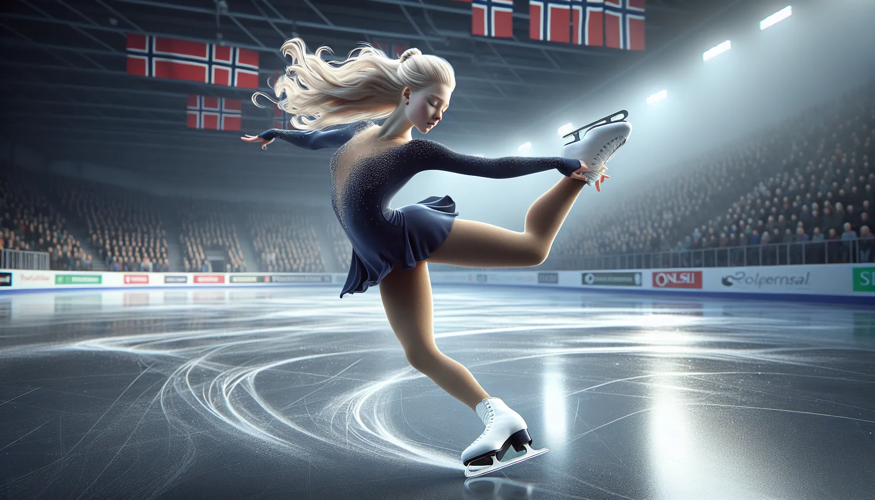 Teen figure skater holds a perfectly balanced spin on an indoor norwegian ice rink.