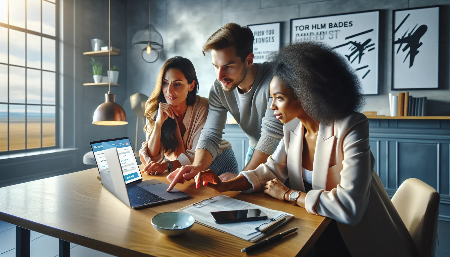 diverse professionals discussing flight bookings on a laptop.