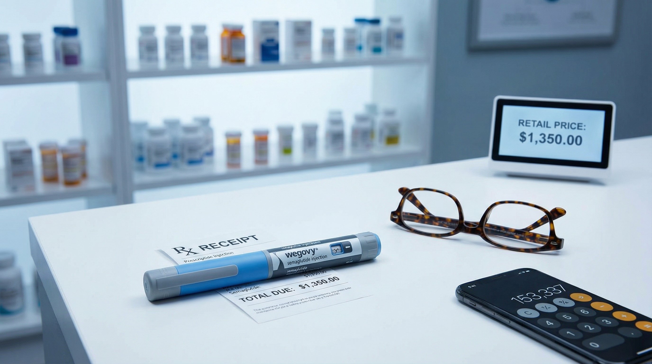 Semaglutide injection pen beside a pharmacy receipt showing a high cost.