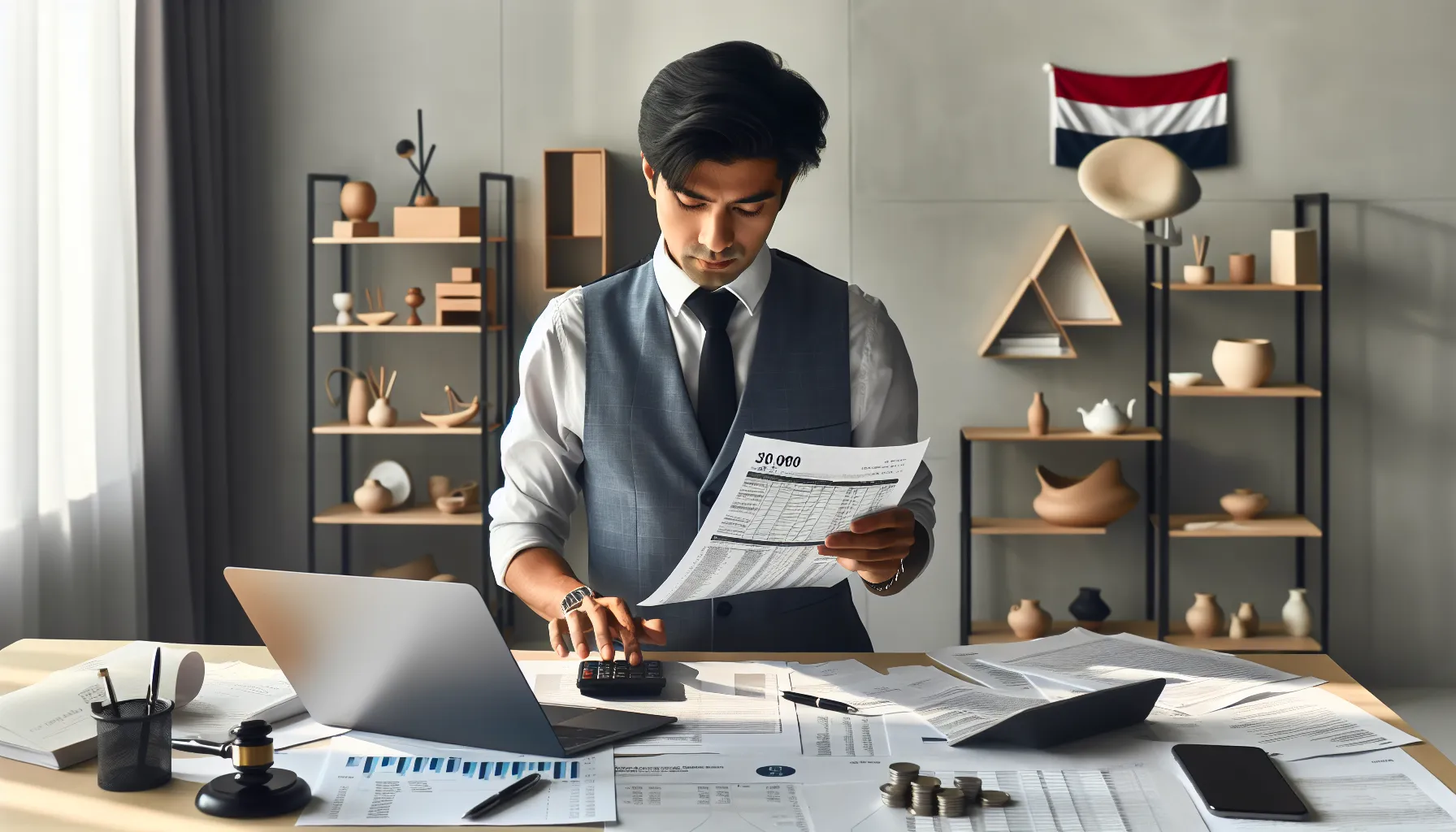 Croatian entrepreneur reviewing Etsy tax documents at organized home office desk