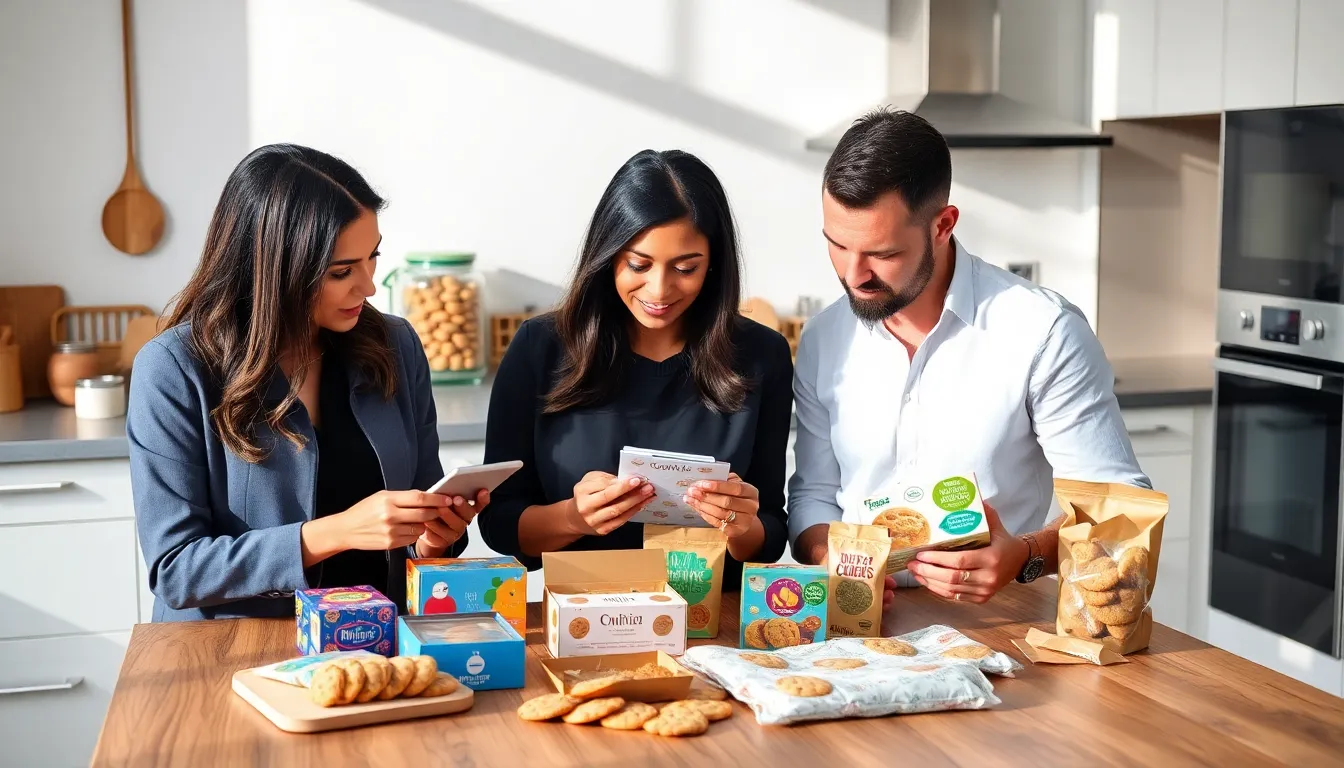 professionals discussing cookie packaging options in a modern kitchen.