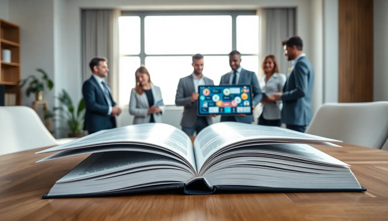 modern textbook on a desk with diverse professionals collaborating.