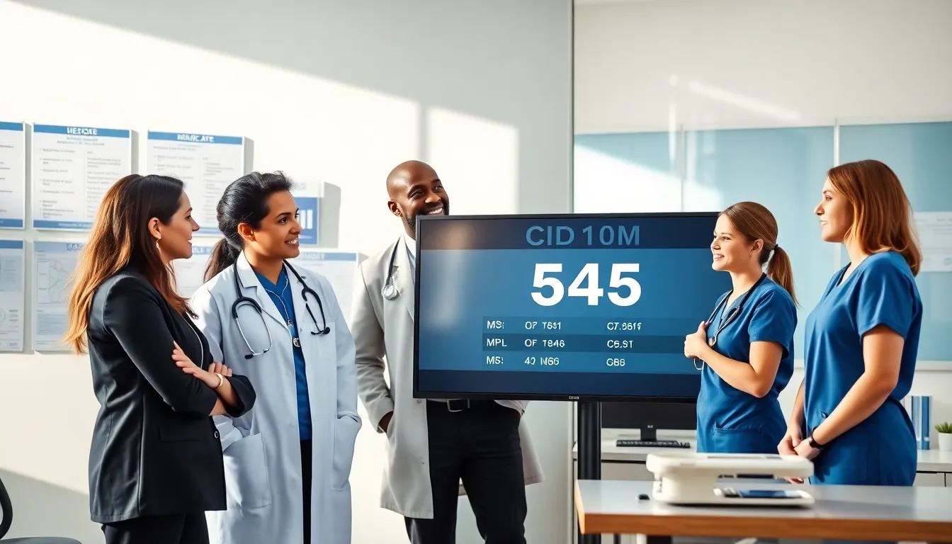 healthcare professionals discussing CID10M codes in a modern office.
