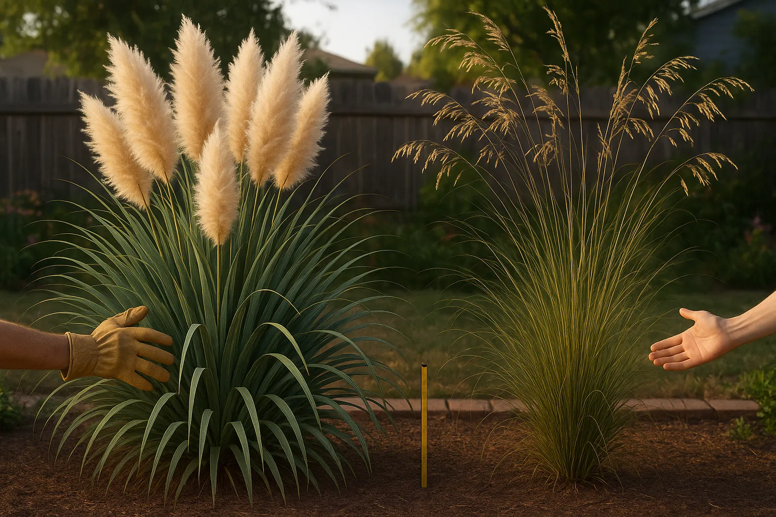 Side-by-side pampas grass and Stipa gigantea clumps in a garden.