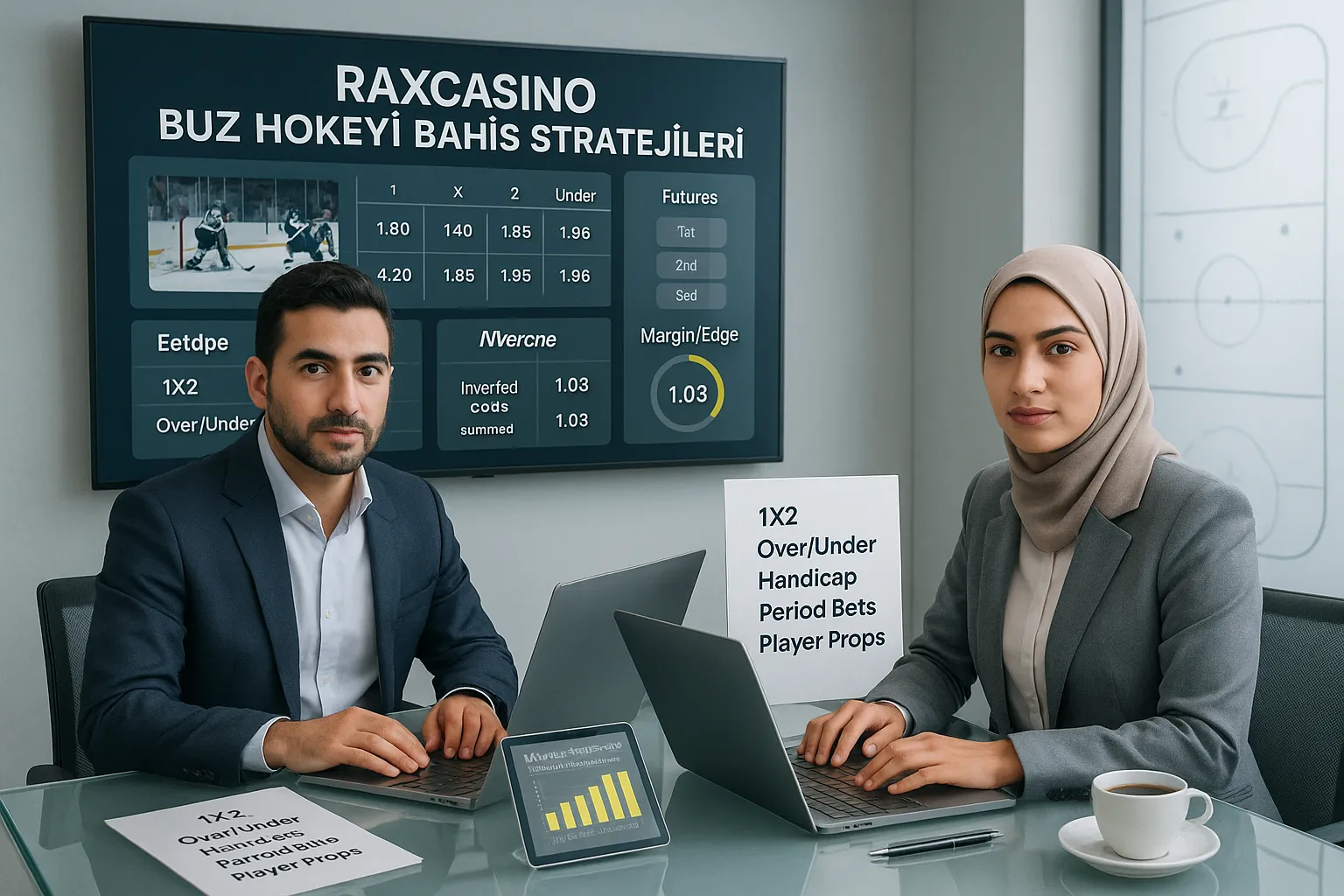 Analysts reviewing Raxcasino ice hockey betting odds and strategy dashboard.