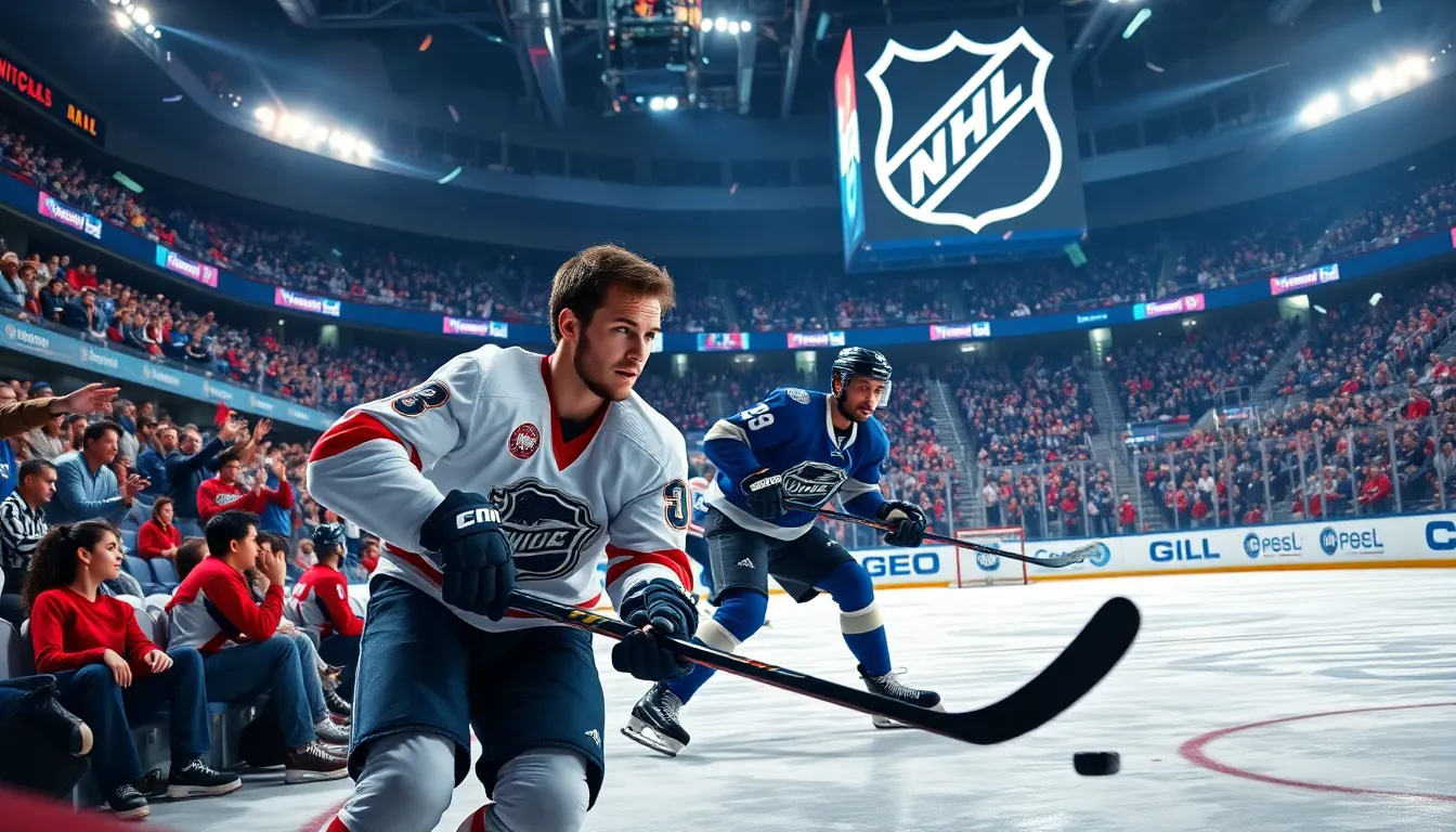 Hockey players competing in a vibrant NHL arena during the current season.