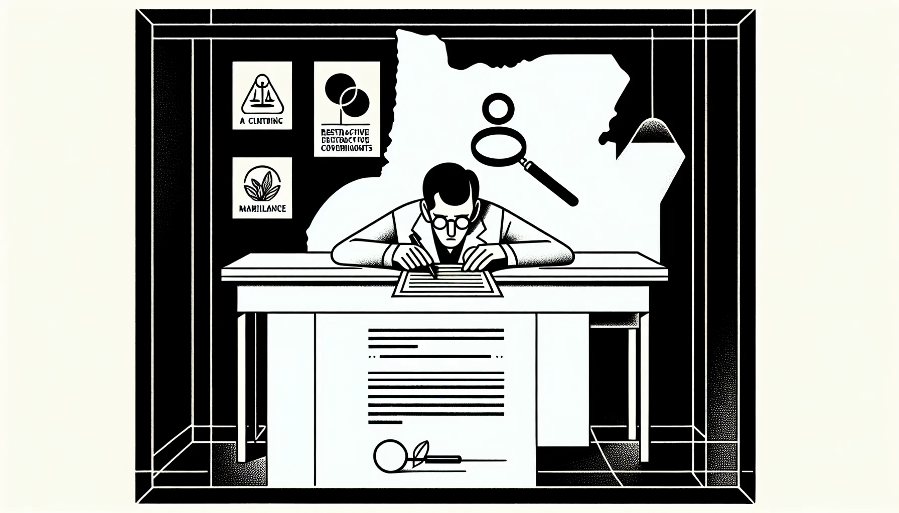 Dentist examining a contract with Oregon silhouette and legal/insurance icons of Oregon Dental Contract Review.