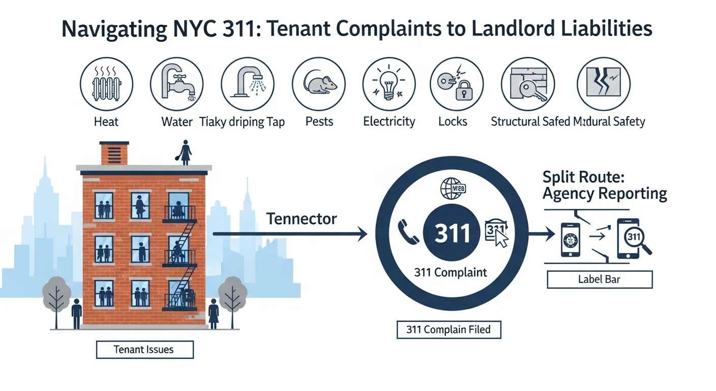 Flowchart showing how NYC tenant 311 complaints lead to landlord violations and risks.