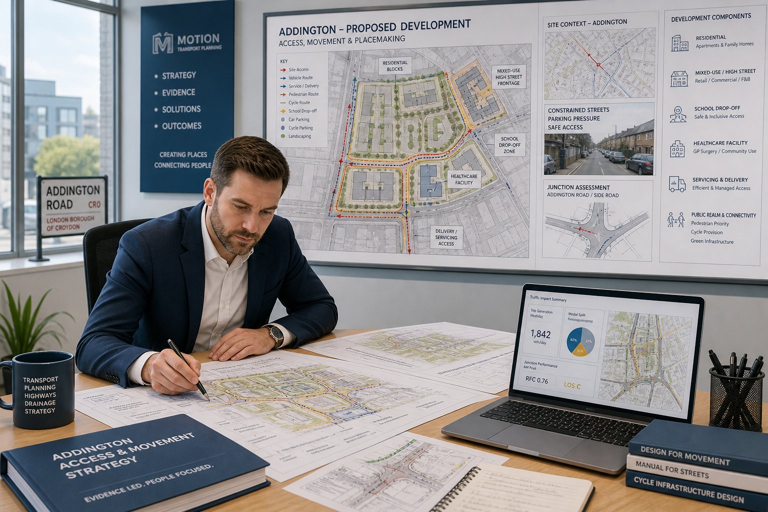 Traffic engineer reviewing development transport plans in a modern UK office.