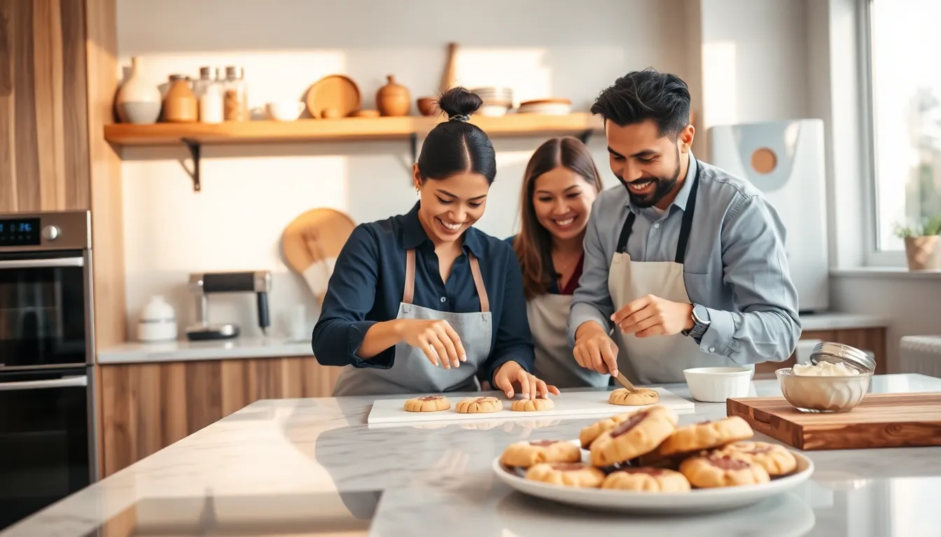 diverse bakers creating cookies in a cozy kitchen.