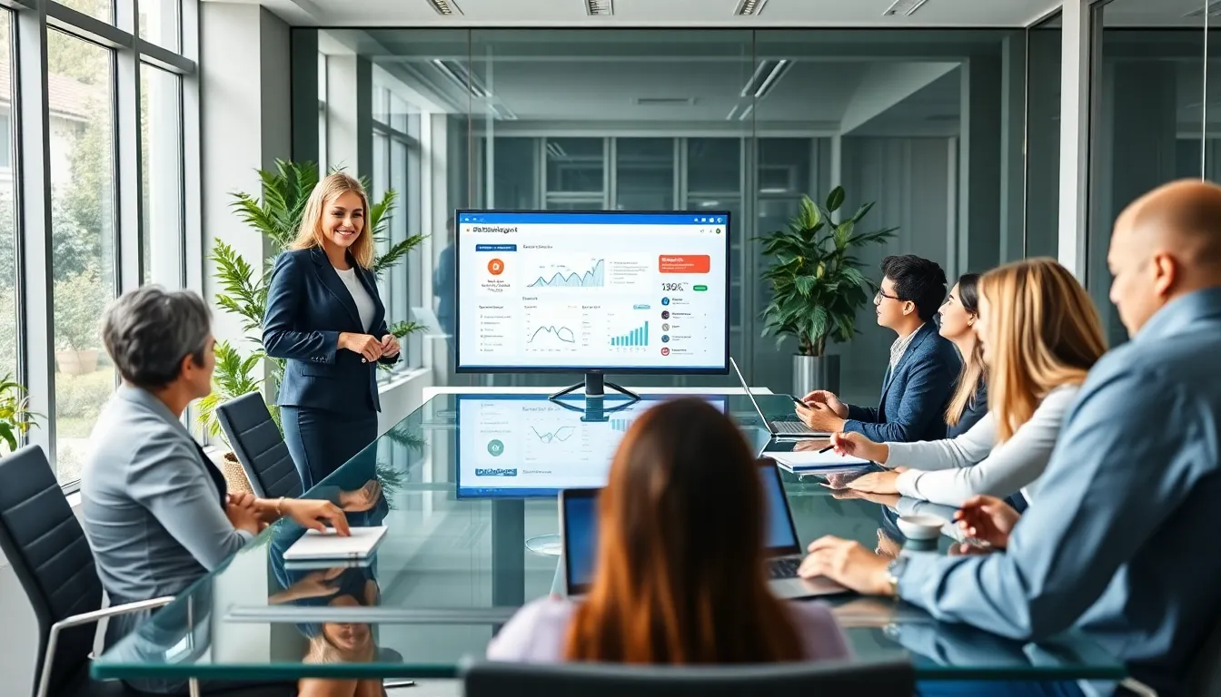 diverse team discussing WebBizMagnet software in a modern office.