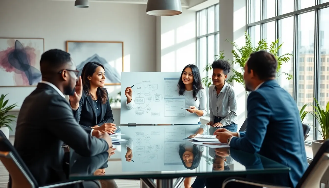 professionals collaborating in a modern conference room.