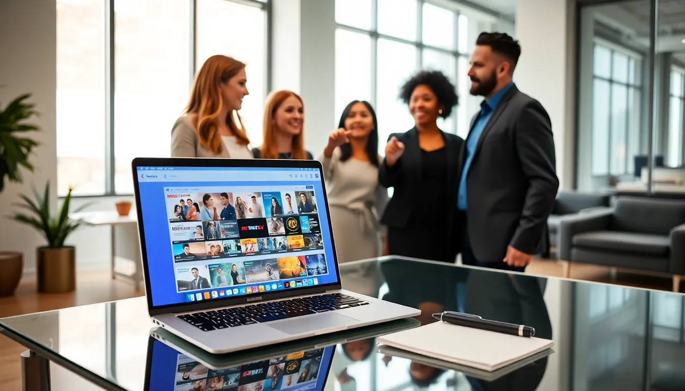 professionals discussing films on a laptop in a modern office.