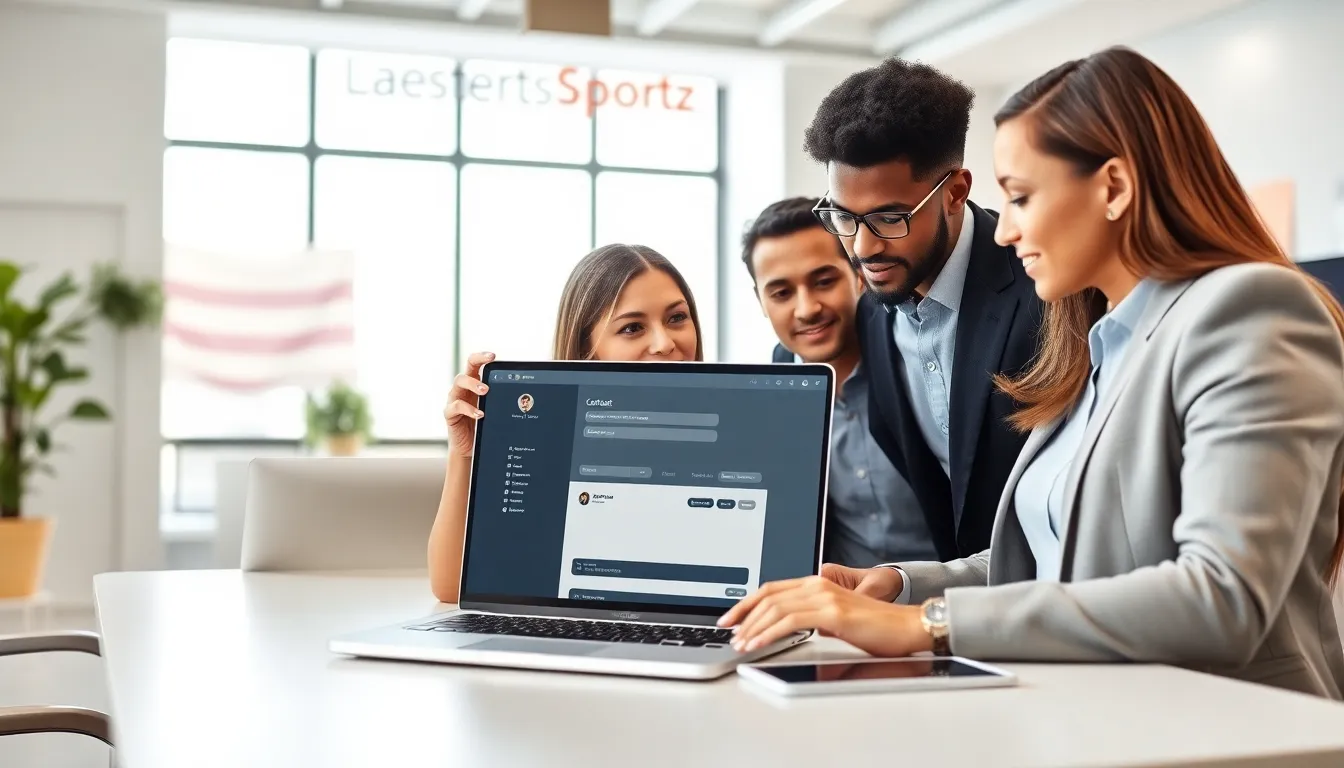 diverse team discussing a contact page in a modern office setting.