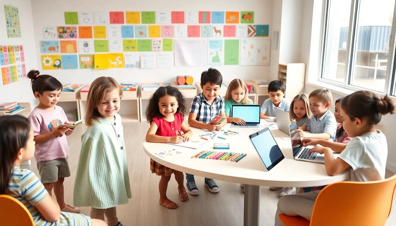 diverse children engaged in language learning activities in a modern classroom.