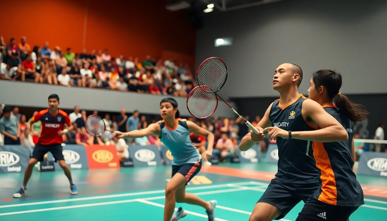 professional badminton match in an indoor court.