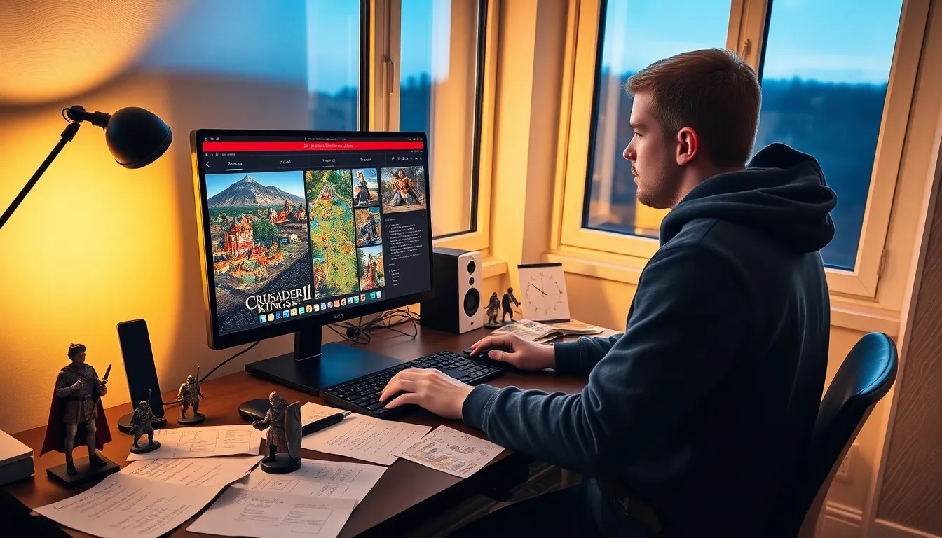 a young man creating characters for Crusader Kings II at his computer.