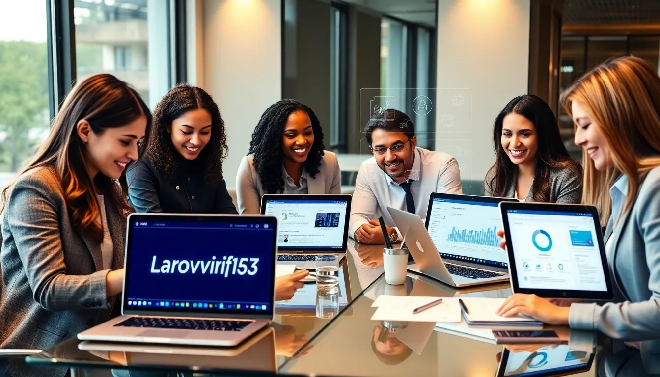 diverse professionals collaborating in a modern office using an online platform.