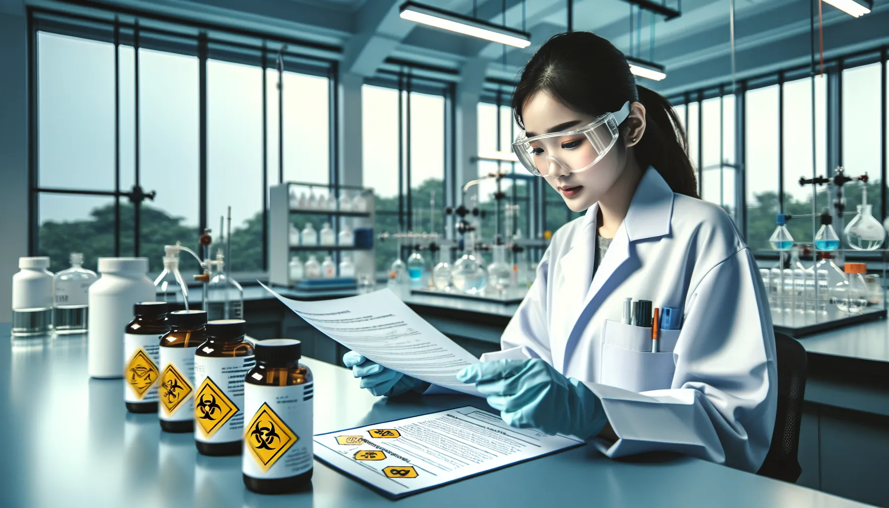 scientist reviewing safety guidelines for a chemical in a lab.