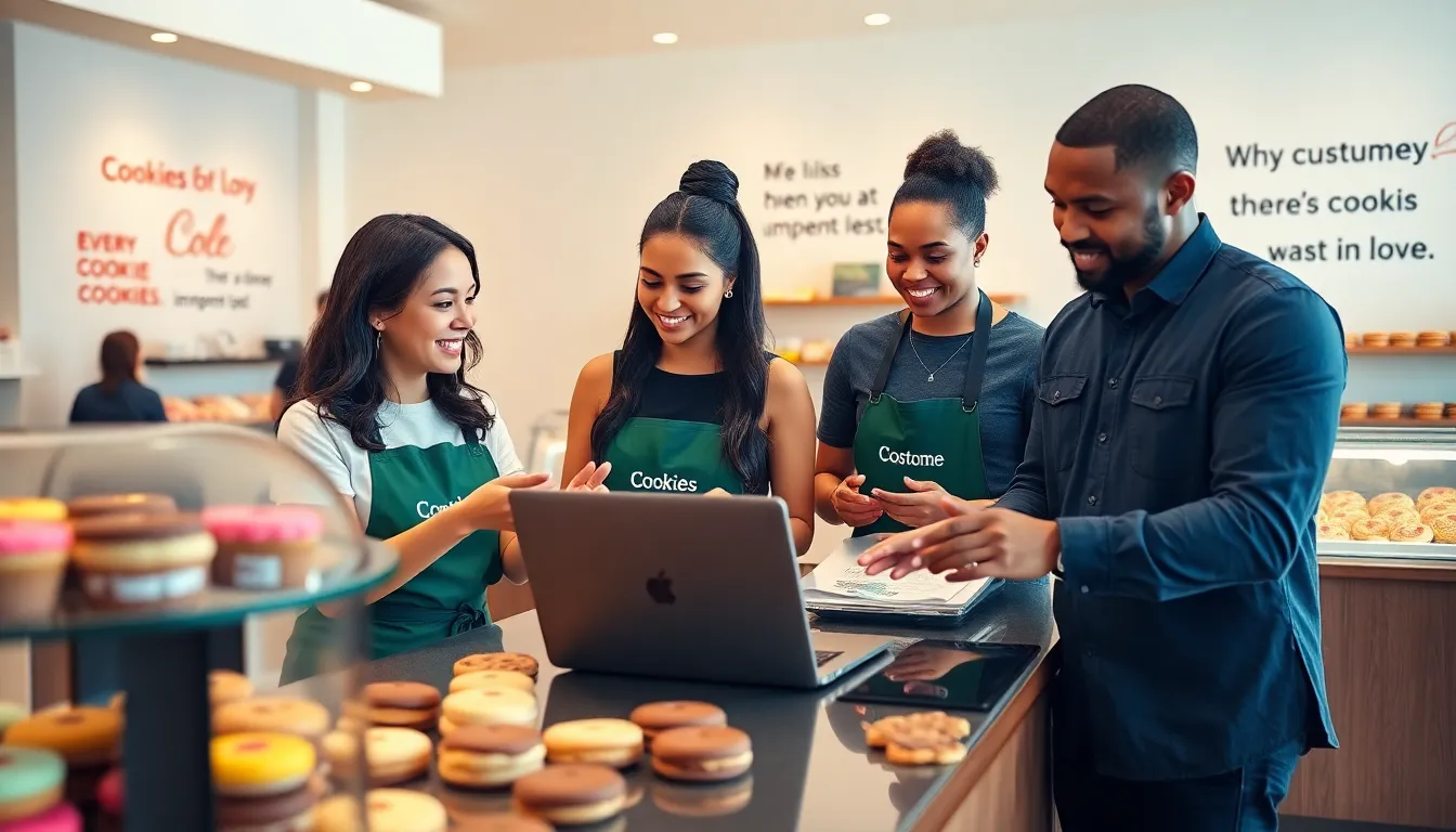 diverse team assisting customers in a cookie store.