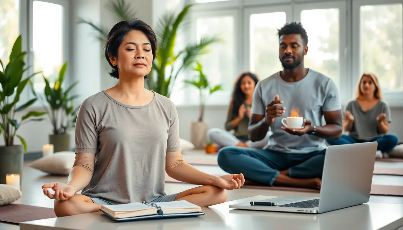 adults practicing mindfulness in a serene indoor setting.