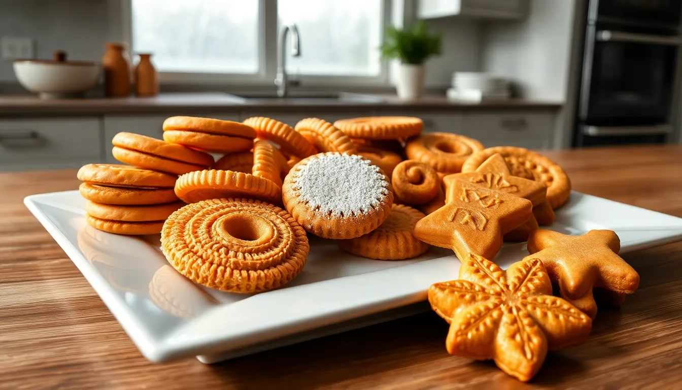 assorted Dutch cookies on a white platter in a modern kitchen.
