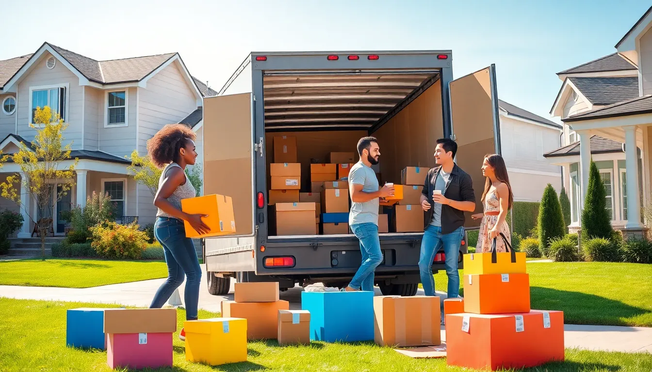 diverse group of people packing boxes on National Moving Day.