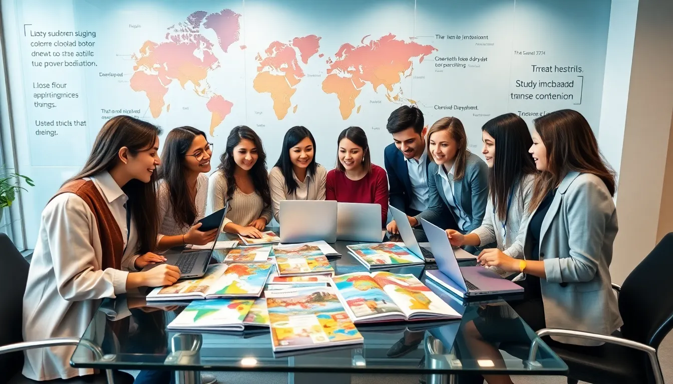 diverse students discussing study abroad options in a modern office.